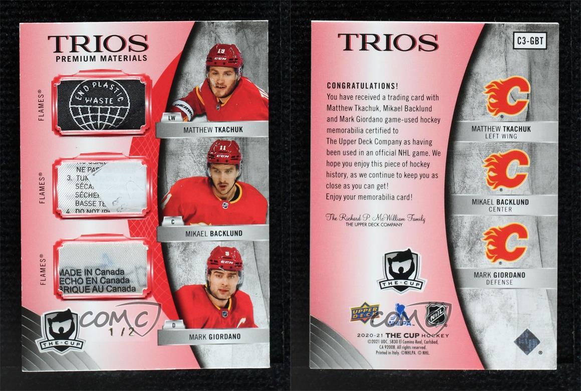 Upper Deck The Cup Trios 2020 etiqueta roja/2 parche Matthew Tkachuk Mikael Backlund - Imagen 3 de 3