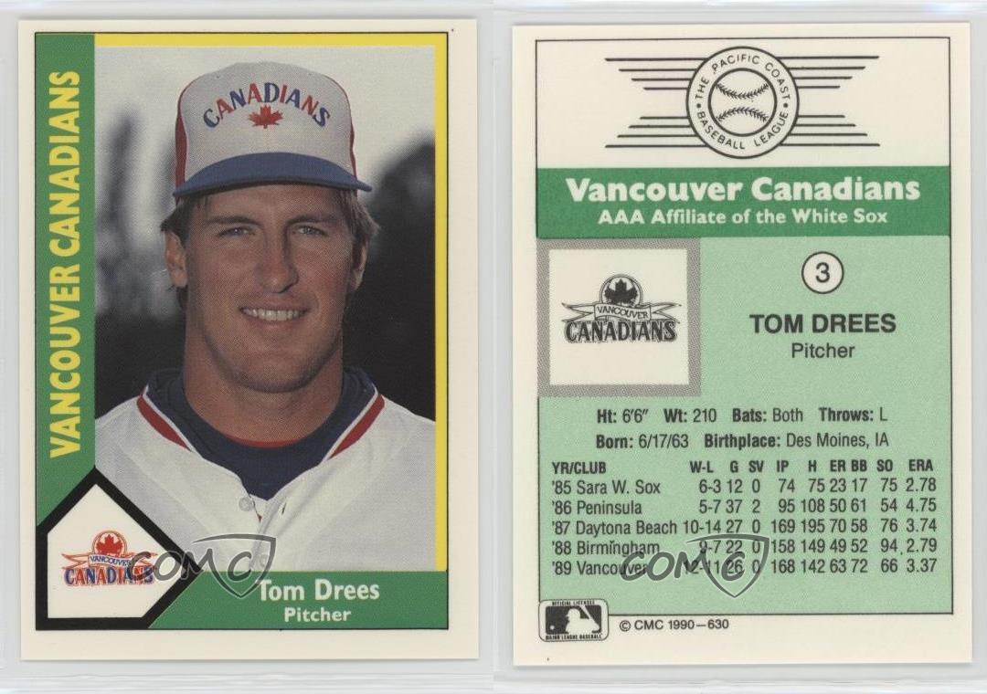 1990 CMC AAA Vancouver Canadians Green Back Tom Drees #3 Rookie RC - Picture 3 of 4