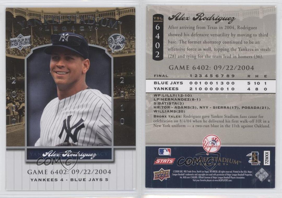 2008 Upper Deck Yankee Stadium Legacy à prix réduit Alex Rodriguez #YSL6402