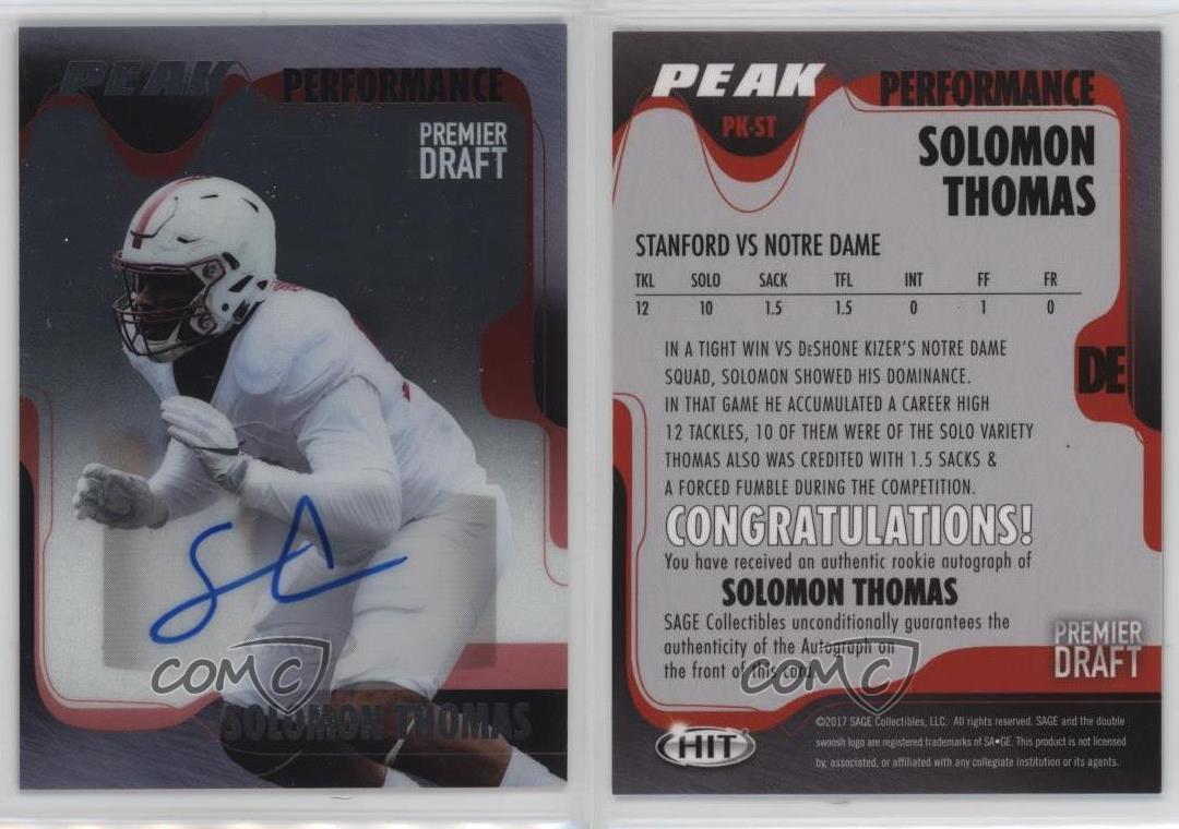 2017 Sage Hit Peak Performance officiel Platinisé Solomon Thomas #PK-ST Rookie Auto RC