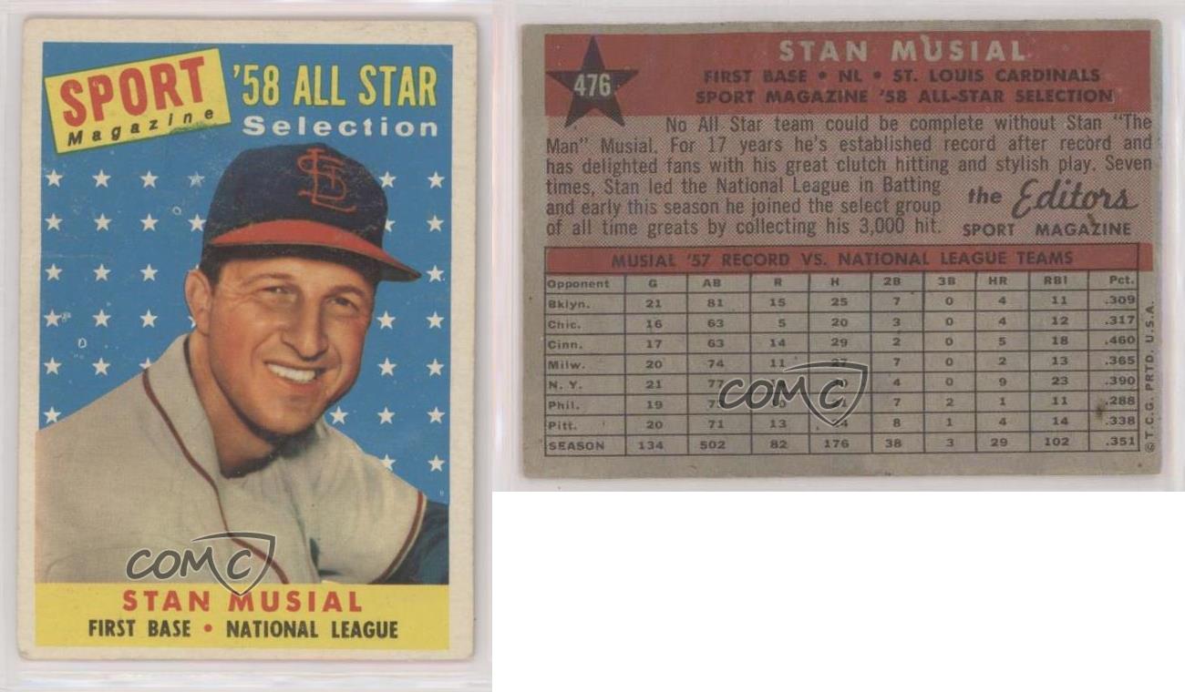 1958 Topps #476 Stan Musial All-Star Sport Magazine PSA 6 Graded Baseball  Card