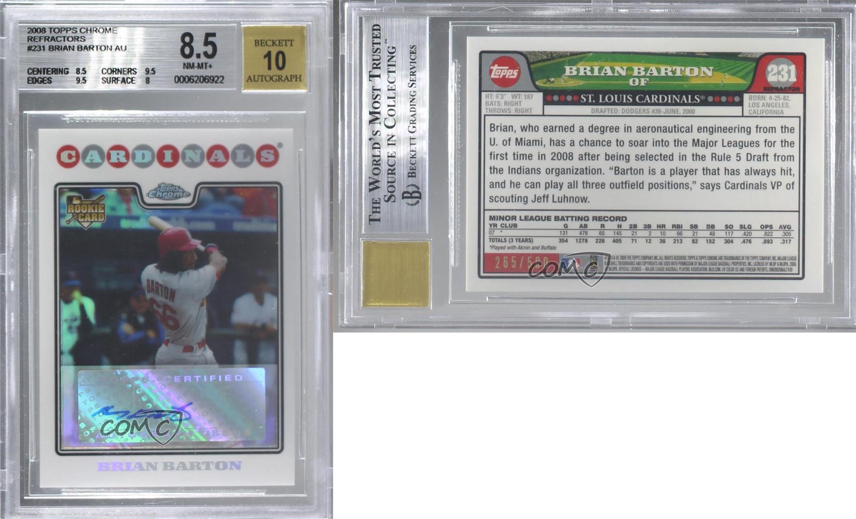 2008 Topps Chrome Refractor /500 Brian Barton #231 BGS 8.5 Rookie Auto RC - Picture 3 of 3