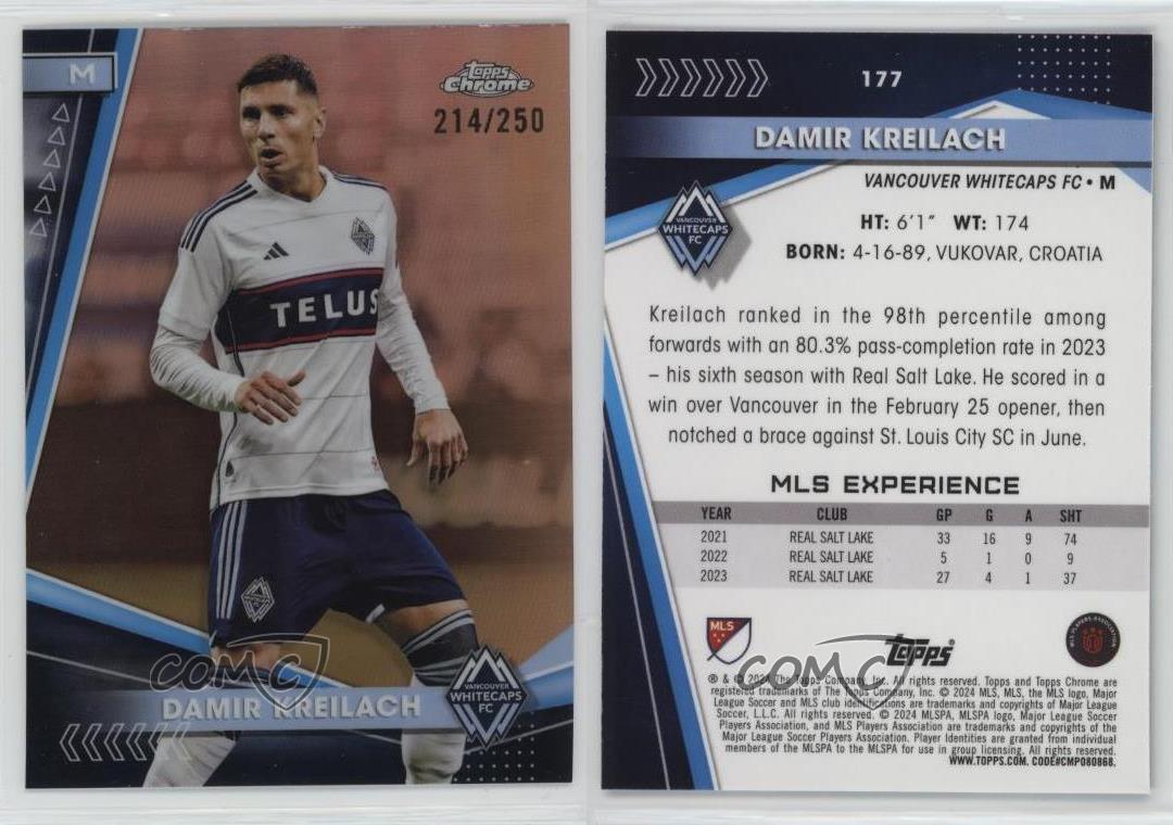 2024 Topps Chrome MLS rifrattore oro rosa /250 Damir Kreilach #177 - Foto 3 di 3