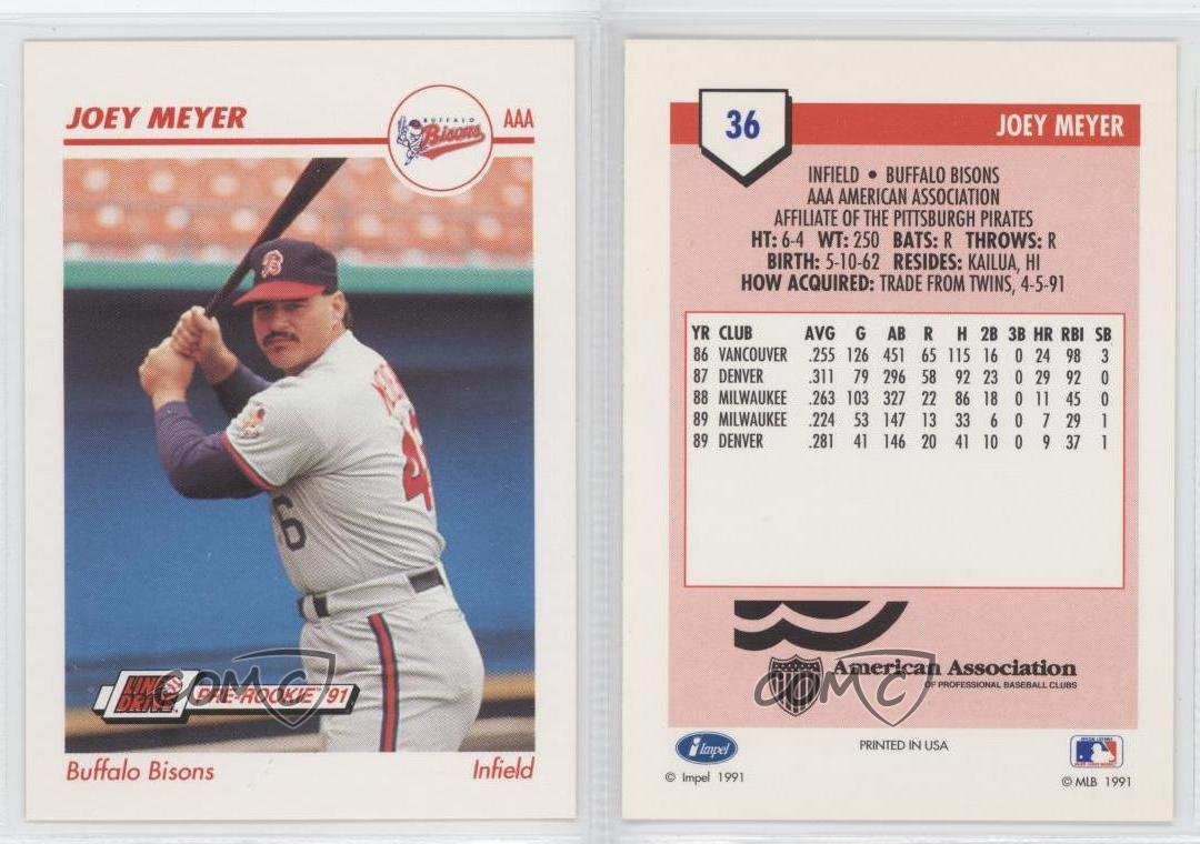 1991 Line Drive PreRookie AAA 36 Joey Meyer Buffalo Bisons Baseball