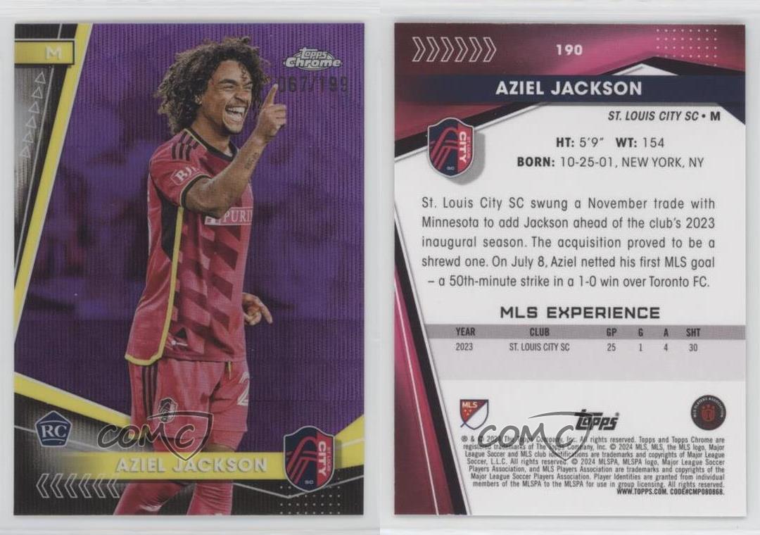 2024 Topps Chrome MLS rifrattore onda viola / 199 Aziel Jackson #190 Rookie RC - Foto 3 di 3