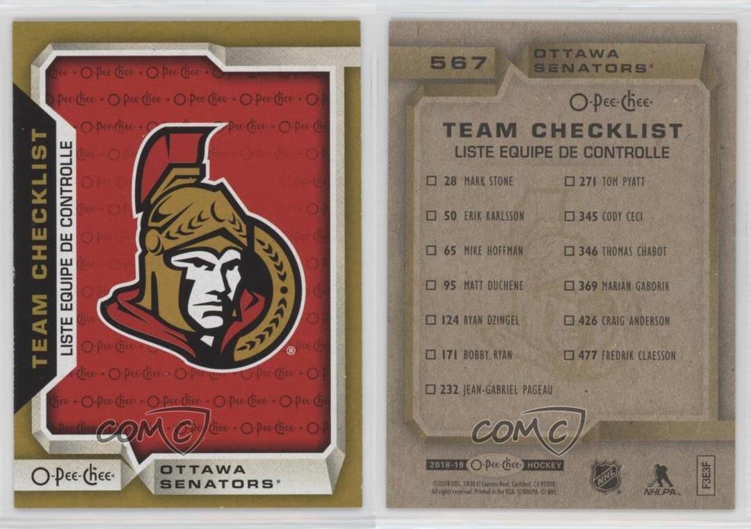 2018-19 OPC Team Checklist Glossy Gold Border Senators #567 Hockey Card