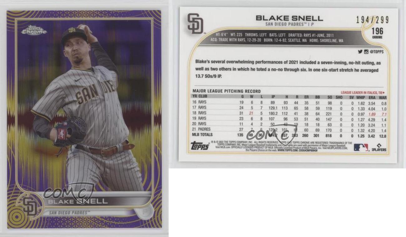 2022 Topps Chrome Sonic Purple & Yellow Pulse Refractor /299 Blake Snell #196