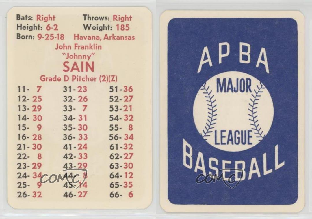 1974 APBA Baseball 1949 Season Johnny Sain