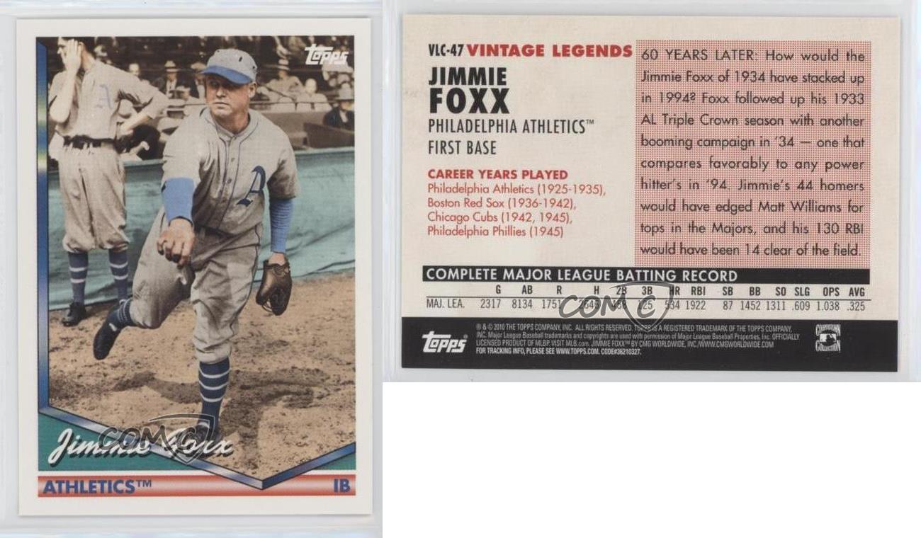  2010 Topps Update Vintage Legends Collection #VLC-47 Jimmie Foxx  Philadelphia Athletics MLB Baseball Card NM-MT : Collectibles & Fine Art