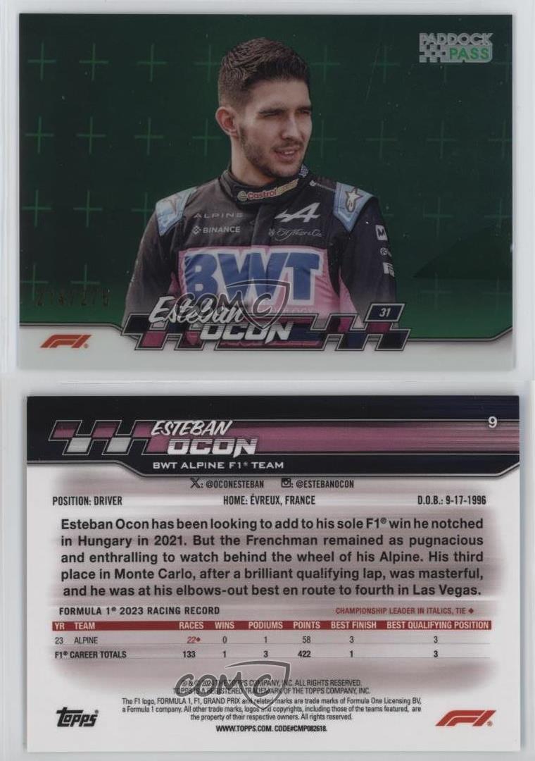 2024 Topps Paddock Pass Formula 1 Chrome Green Refractor /275 Esteban Ocon #9