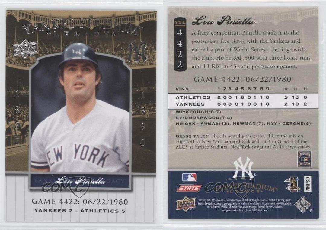 2008 Upper Deck Yankee ventes exceptionnelles Stadium Legacy Lou Piniella #YSL4422