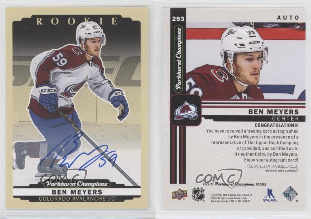 2022-23 Upper Deck Parkhurst Champions Rookies Ben Meyers #293 Rookie Auto RC