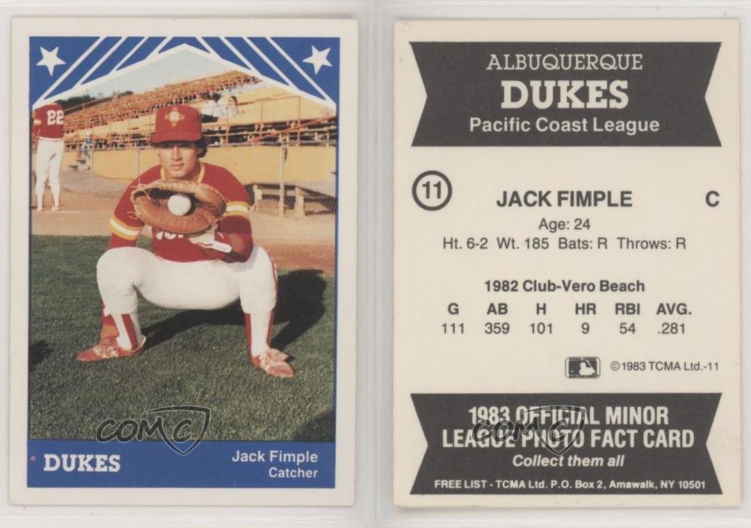 1983 TCMA Albuquerque Dukes Jack Fimple #11 - Picture 3 of 3