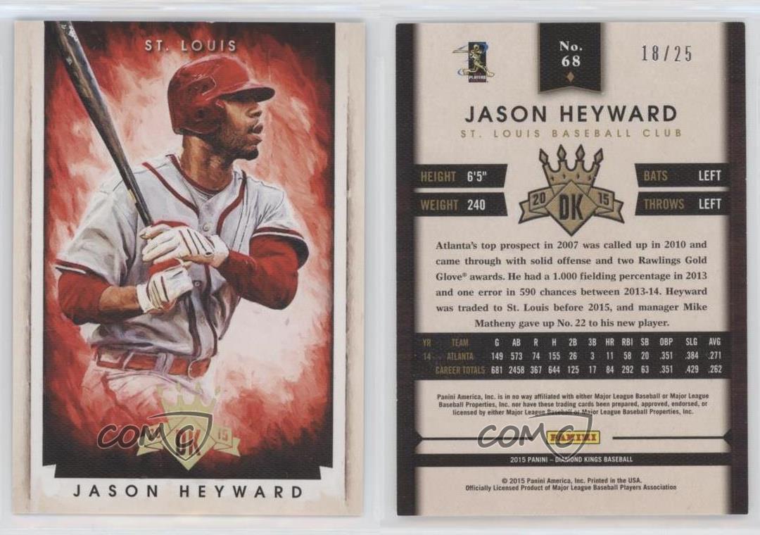 Jason Heyward player worn jersey patch baseball card (St. Louis Cardinals)  2015 Panini Diamond Kings Mini #68 LE 42/99