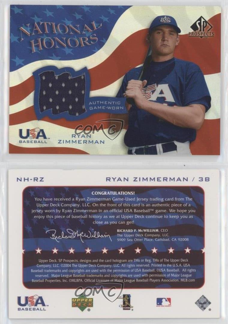 2004 SP Prospects National Honors #NH-RZ Ryan Zimmerman Team USA Rookie  Jersey