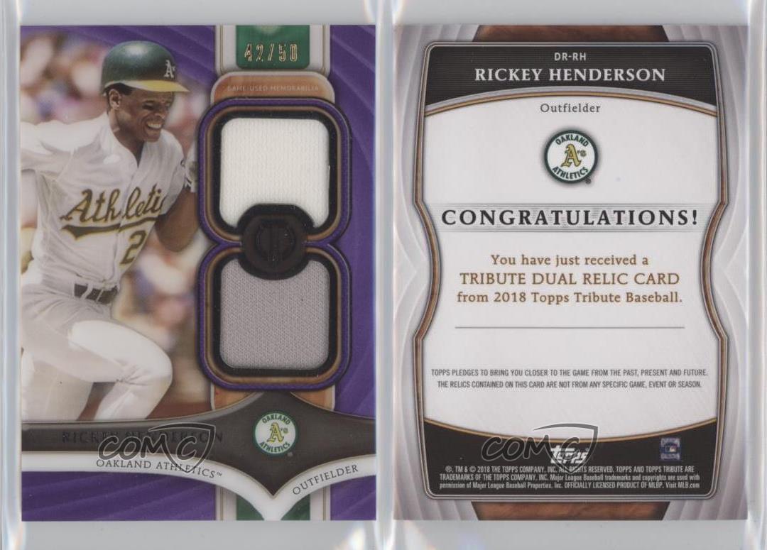 Topps Tribute 2018 singolo soggetto doppio reliquie viola /50 Rickey Henderson HOF - Foto 3 di 3