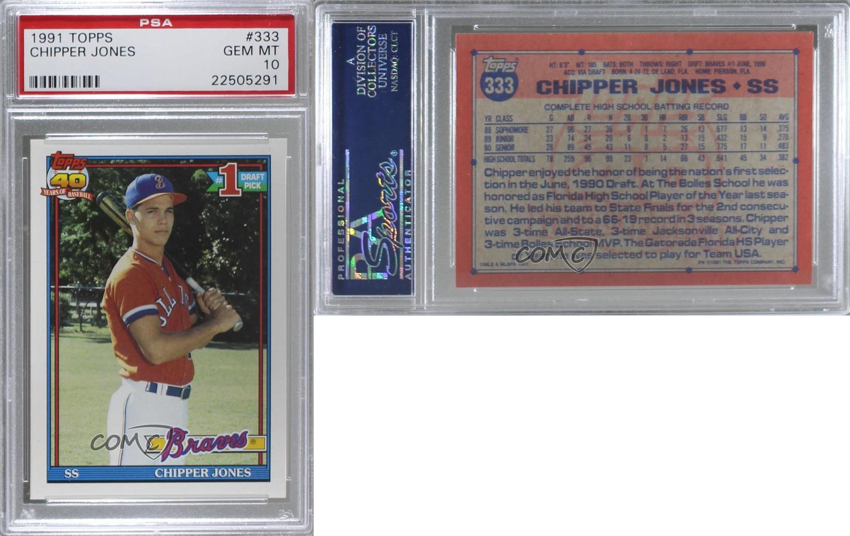 1991 Topps Chipper Jones #333 PSA 10 GEM MT Rookie RC HOF | eBay