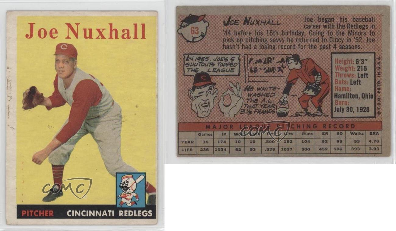 1958 Topps 63 Joe Nuxhall Cincinnati Reds Baseball Card 1958 Topps 63 Joe Nuxhall Cincinnati Reds Baseball