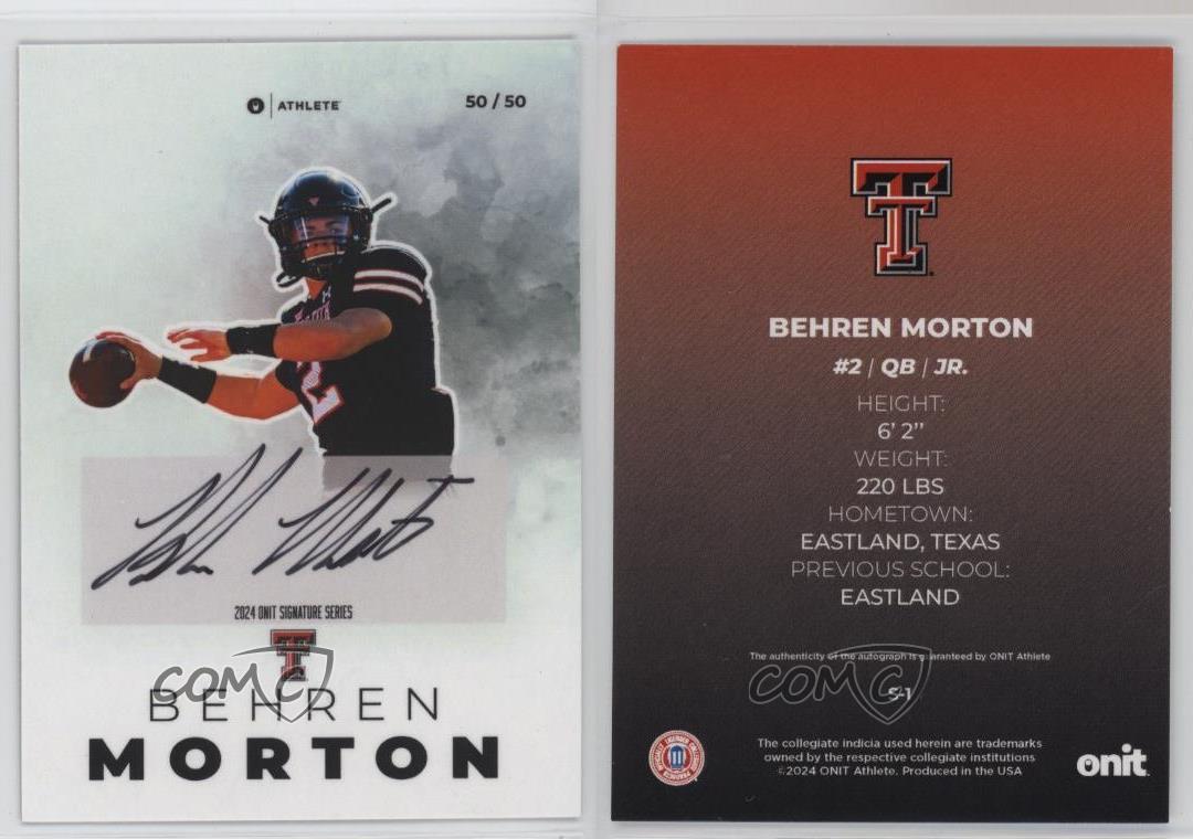 2024 Onit Athlete Texas Tech Red Raiders Signature Series /50 Behren Morton Auto
