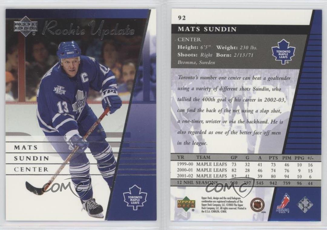 200203 Upper Deck Rookie Update 92 Mats Sundin Toronto Maple Leafs