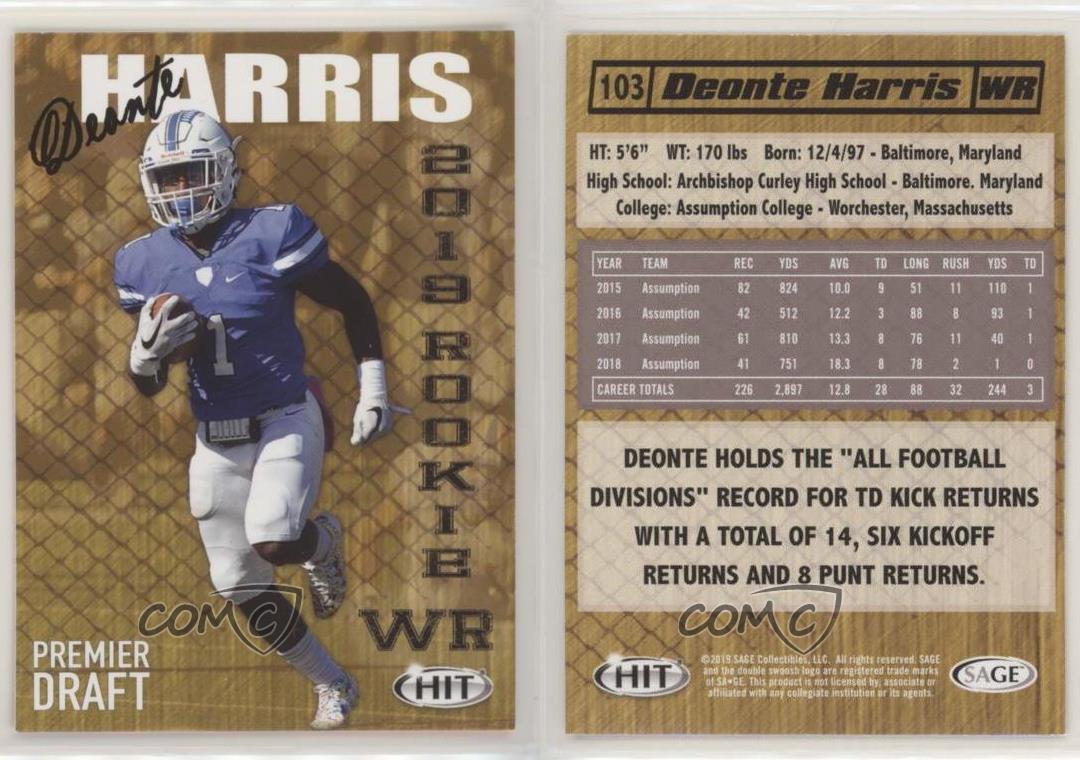 Deonte Harris 2019 Sage Hit Rookie RC Auto - NEW ORLEANS SAINTS ALL PRO