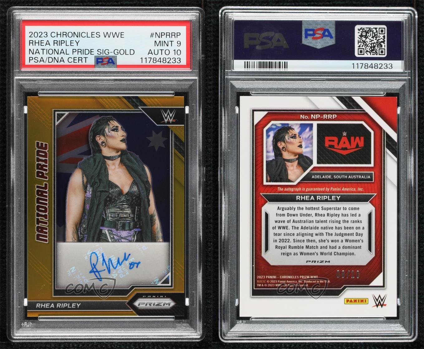 2023 Panini Chronicles WWE Gold Prizm /10 Rhea Ripley #NP-RRP PSA 9 MINT Auto