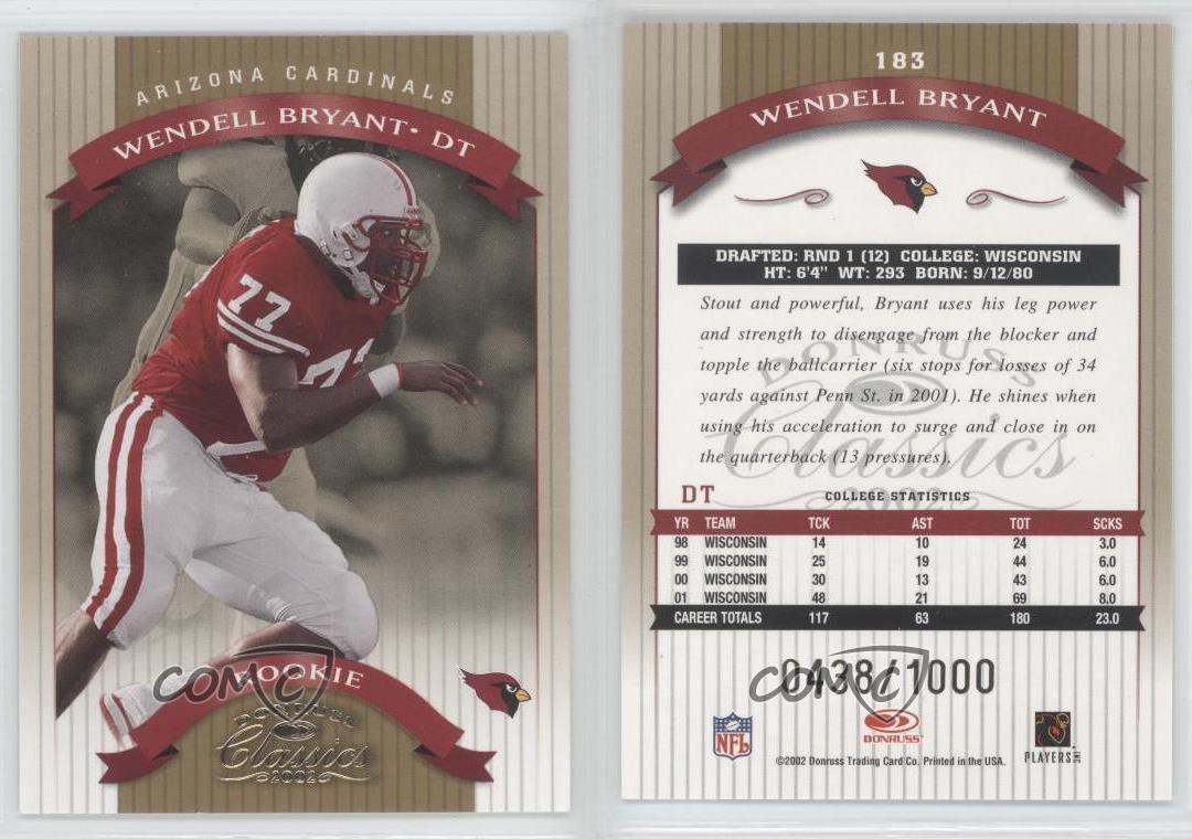 2002 Donruss Classics Rookie /1000 Wendell Bryant #183 Rookie RC - Picture 4 of 4