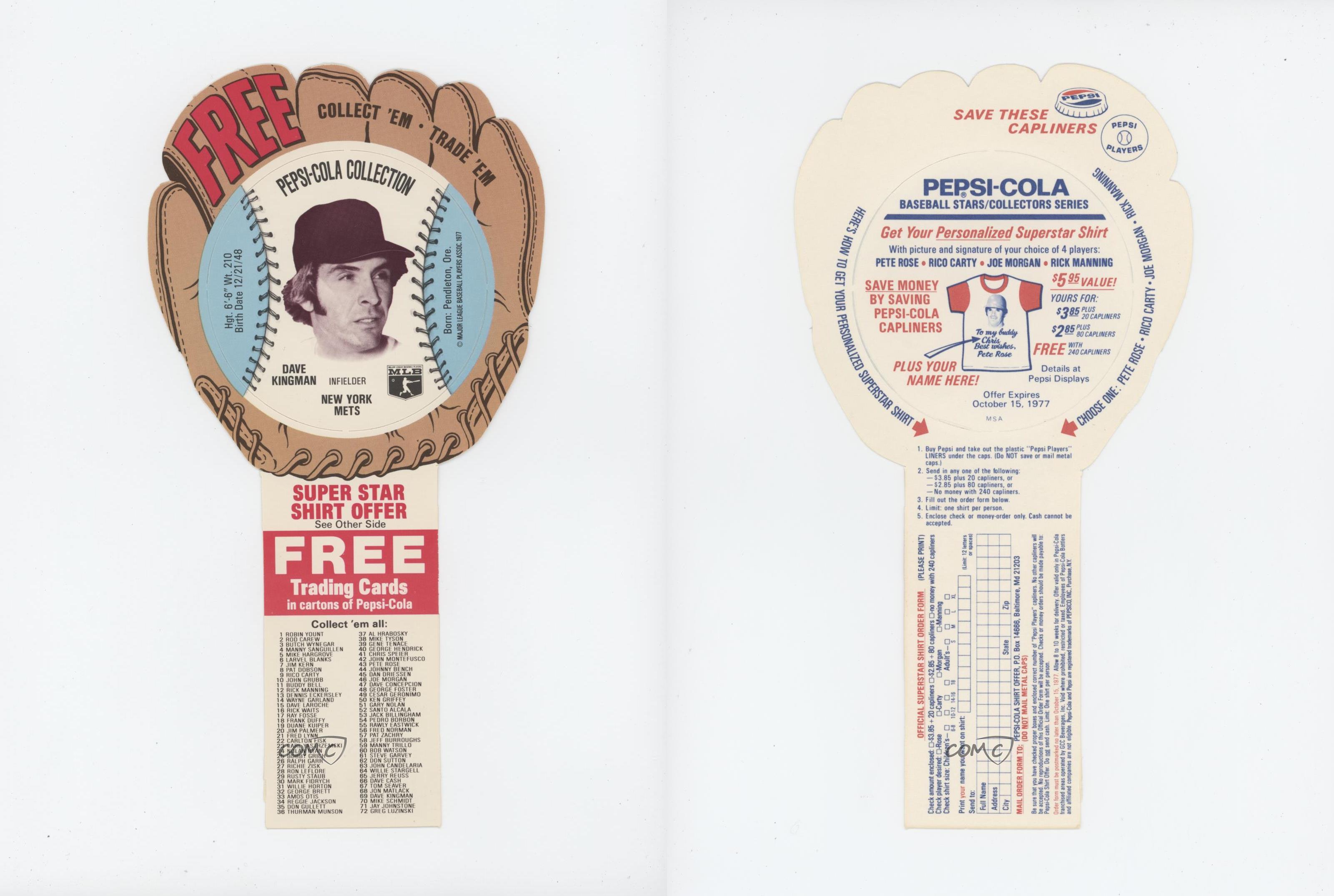 1977 MSA Discs Pepsi-Cola Dave Kingman #69 - Bild 3 von 4