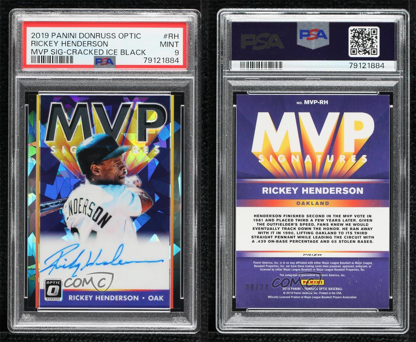 2019 Donruss Optic Black Cracked Ice Prizm /24 Rickey Henderson PSA 9 MINT Auto - Picture 3 of 3