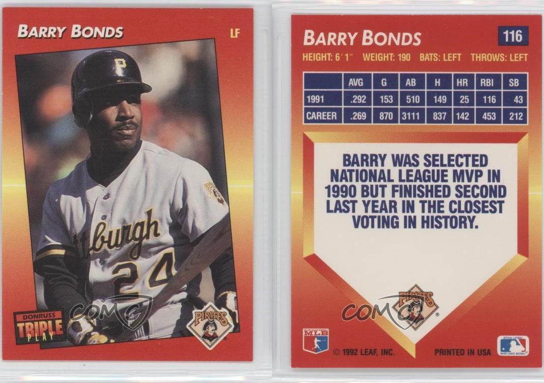 1992 Donruss Triple Play 116 Barry Bonds Pittsburgh Pirates Baseball