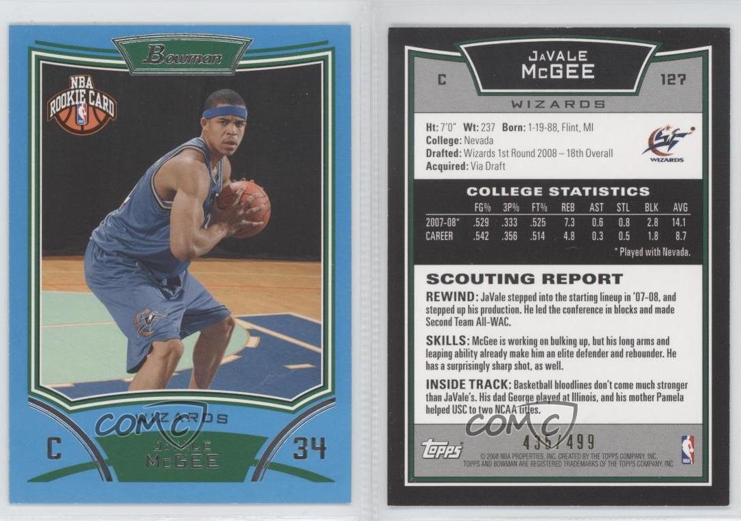 2008-09 Bowman Draft Picks & Stars Rookie Blue /499 JaVale McGee #127 Rookie RC - Bild 4 von 4