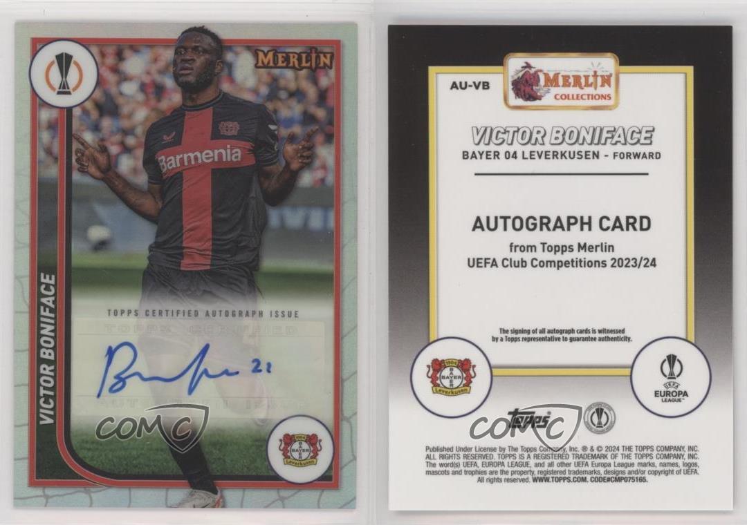 2023-24 Topps Merlin UEFA Clubes Competiciones Automático Victor Boniface #AU-VB Automático - Imagen 4 de 4