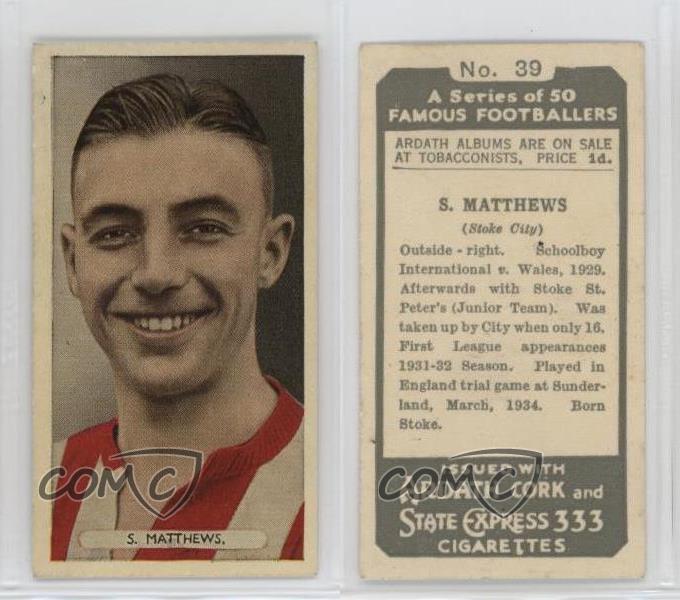 1934 Ardath Famous Footballers Tobacco Stanley Matthews #39 - Picture 3 of 4