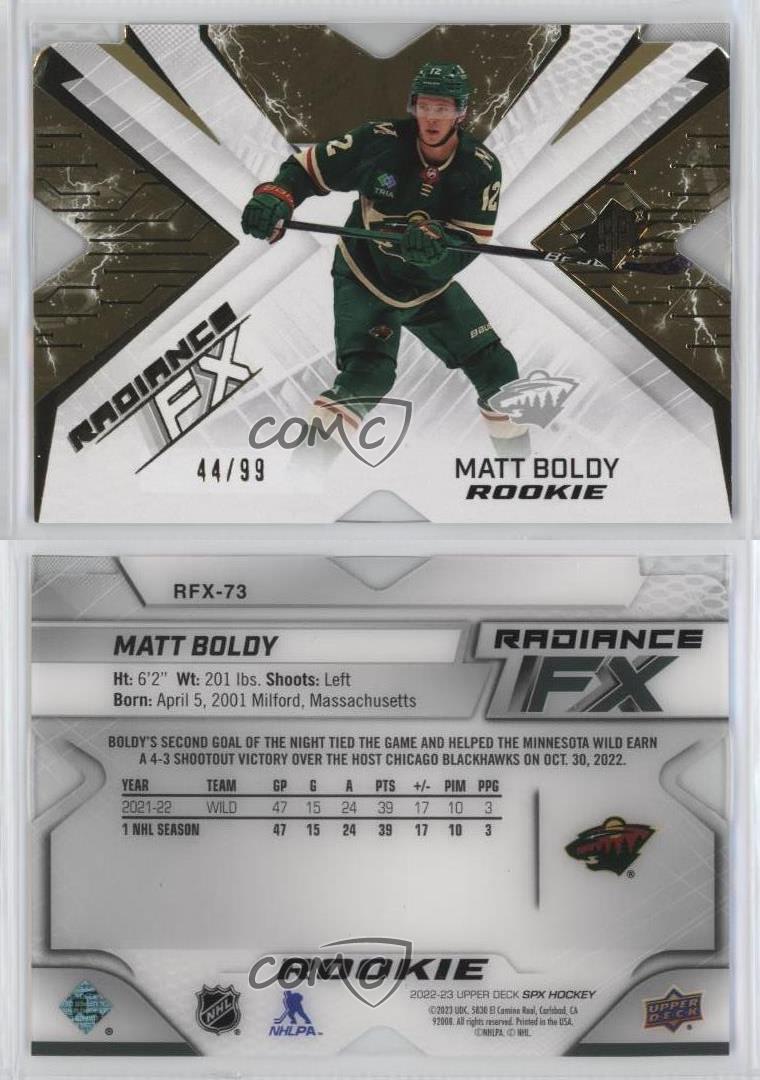 2022-23 SPx Radiance F/X Rookies Gold /99 Matt Boldy #RFX-73 Rookie RC