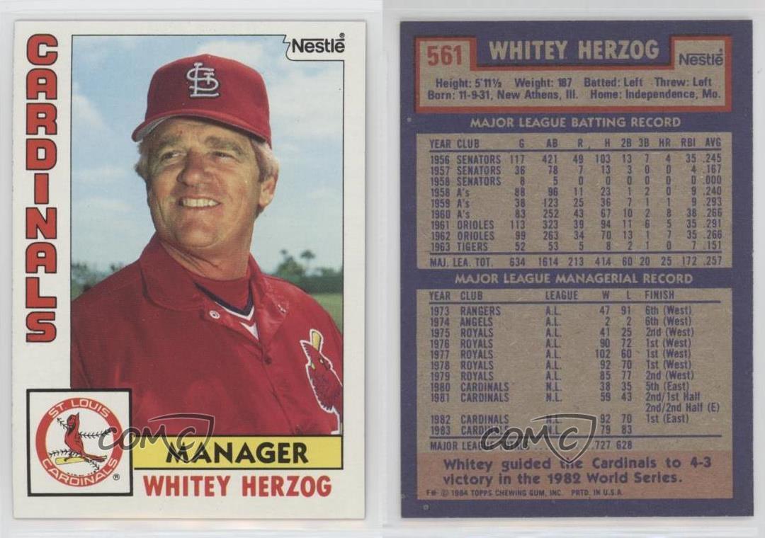 Whitey Herzog Autographed 1984 Topps Baseball Card #561 Hall of