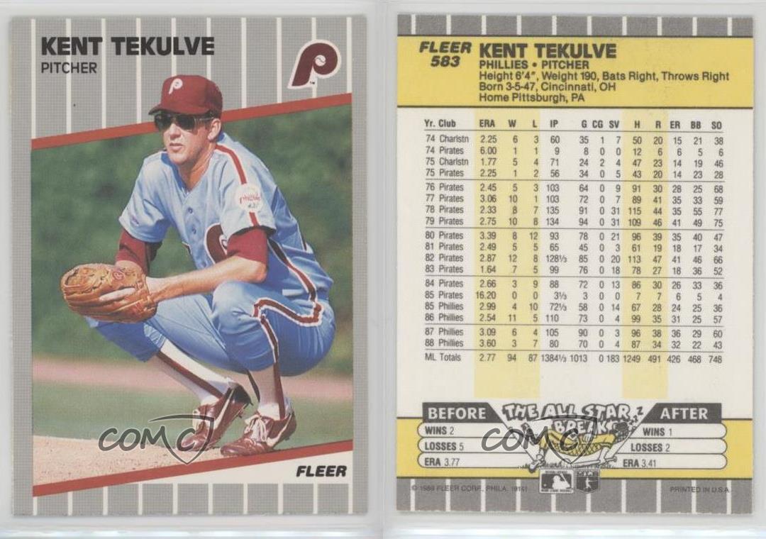 1989 Fleer KENT TEKULVE Baseball Card #583. PHILADELPHIA PHILLIES