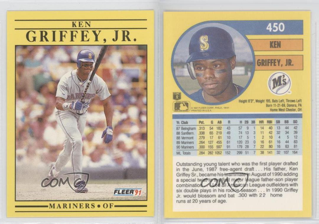 1991 Fleer 450.2 Ken Griffey Jr (bat 300 on back) Seattle Mariners Jr