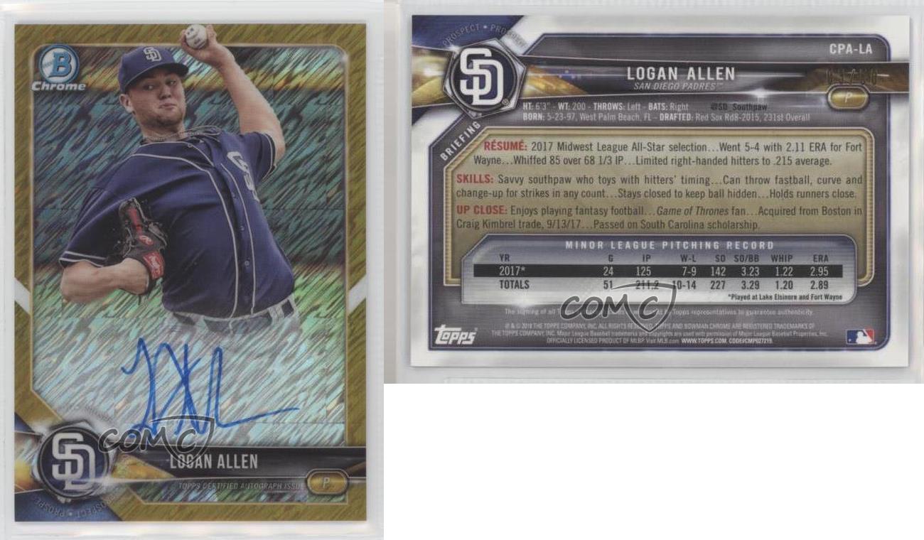 2018 Bowman Chrome Prospect Gold Shimmer Refractor /50 Logan Allen #CPA-LA Auto - Picture 3 of 3