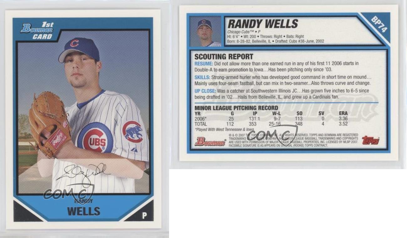 2007 Bowman Prospects #BP74 Randy Wells XRC - Rookie Card Parallel / Prospect Baseball Cards Chicago Cubs 