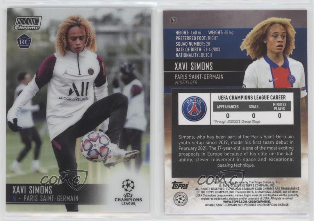 2020-21 Topps Stadium Club Chrome UCL Xavi Simons #63 Rookie RC - Picture 6 of 7
