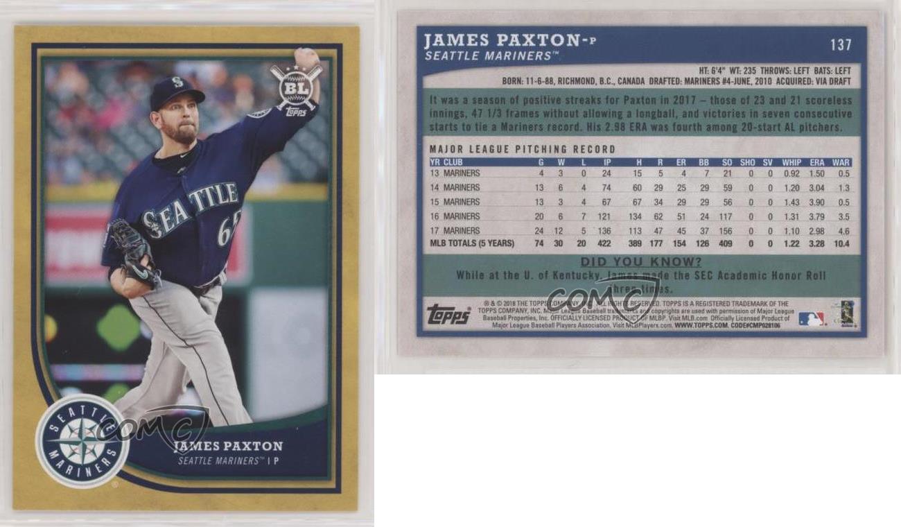 Topps Big League Gold 2018 James Paxton #137 - Foto 4 di 4