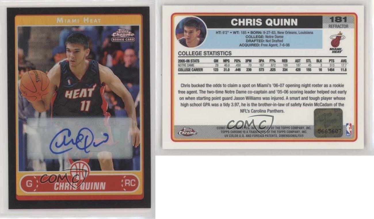 2006-07 Topps Chrome Black Refractor Auto Chris Quinn #181 Rookie Auto RC