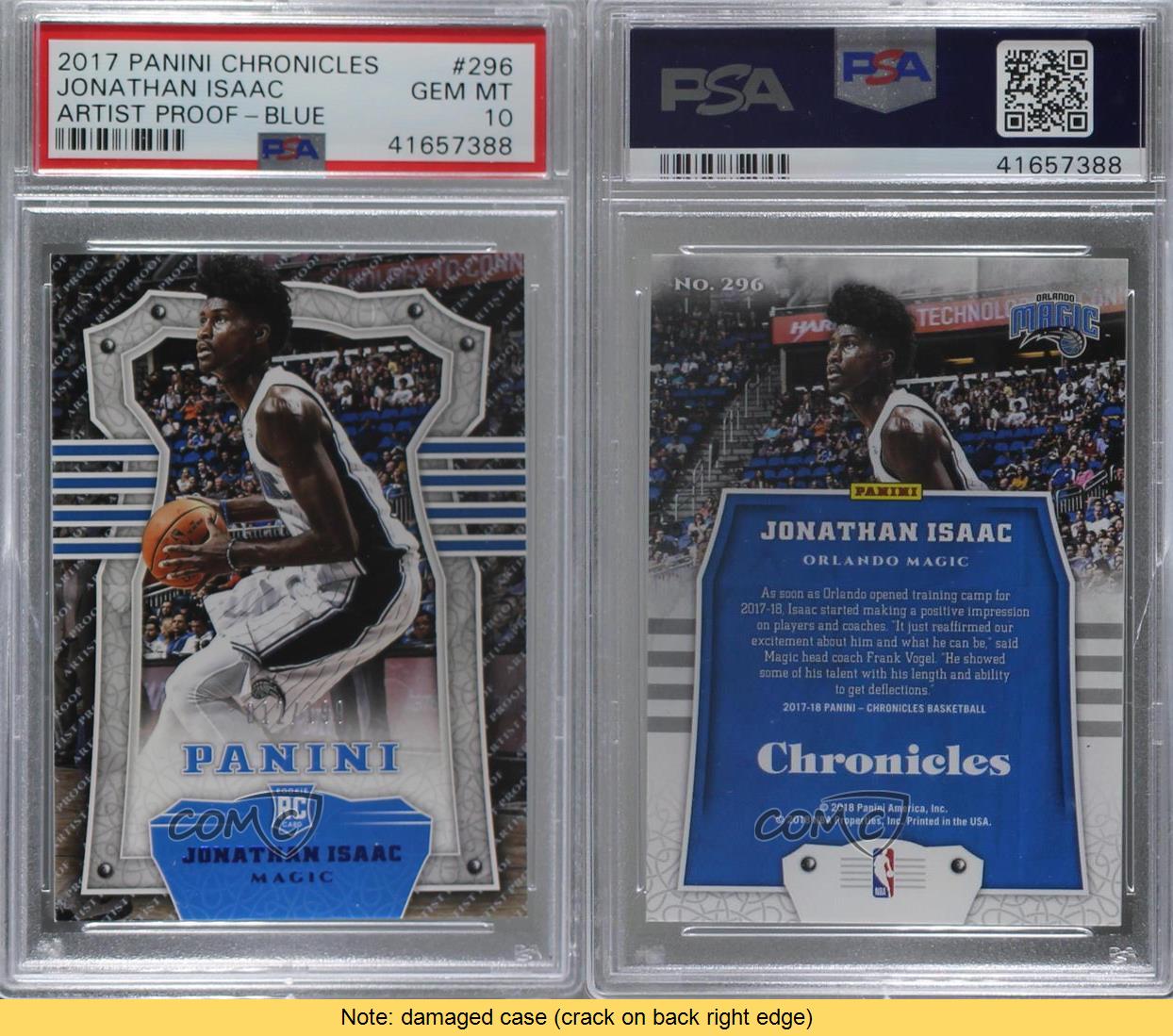 2017-18 Chronicles Panini Blue /199 Jonathan Isaac #296 PSA 10 GEM MT Rookie RC