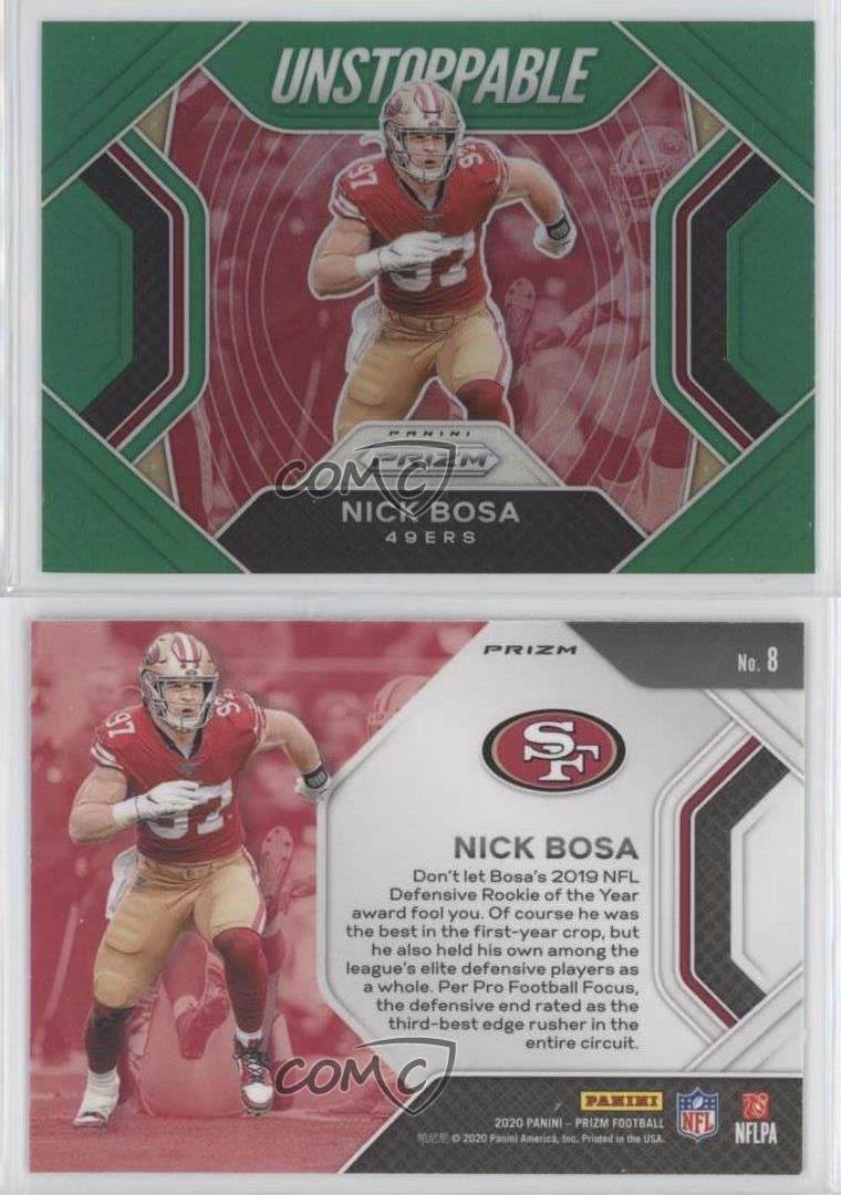2020 Panini Prizm Unstoppable Green Prizm Nick Bosa #8 - Picture 3 of 4