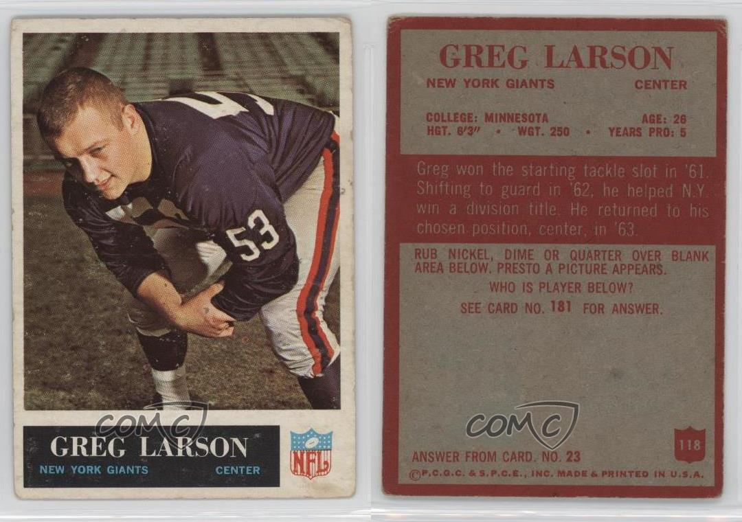 1965 Philadelphia 118 Greg Larson New York Giants Rookie Football Card