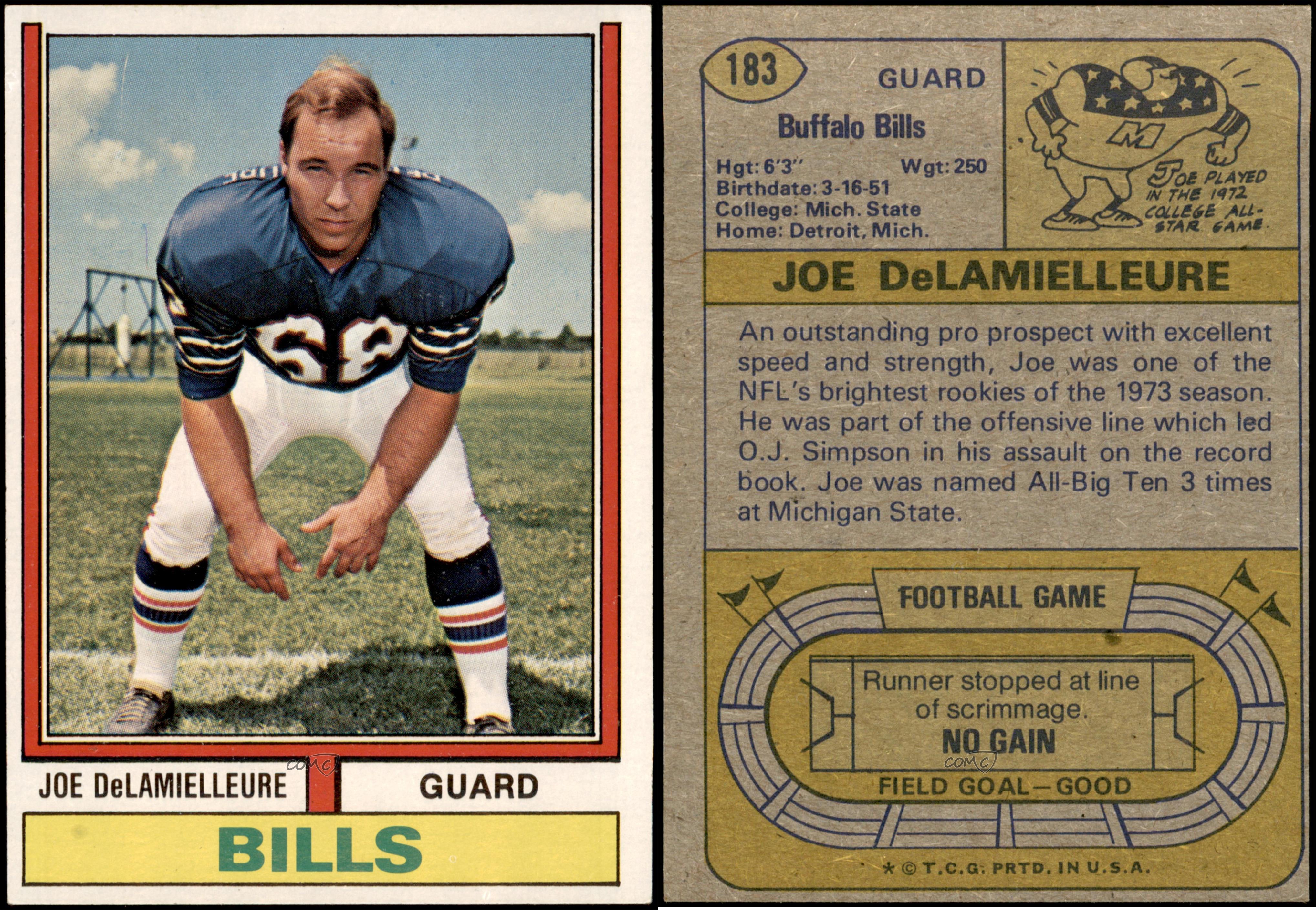 Joe DeLamielleure Buffalo Bills Signed 1974 Topps Player Card — TSE Buffalo