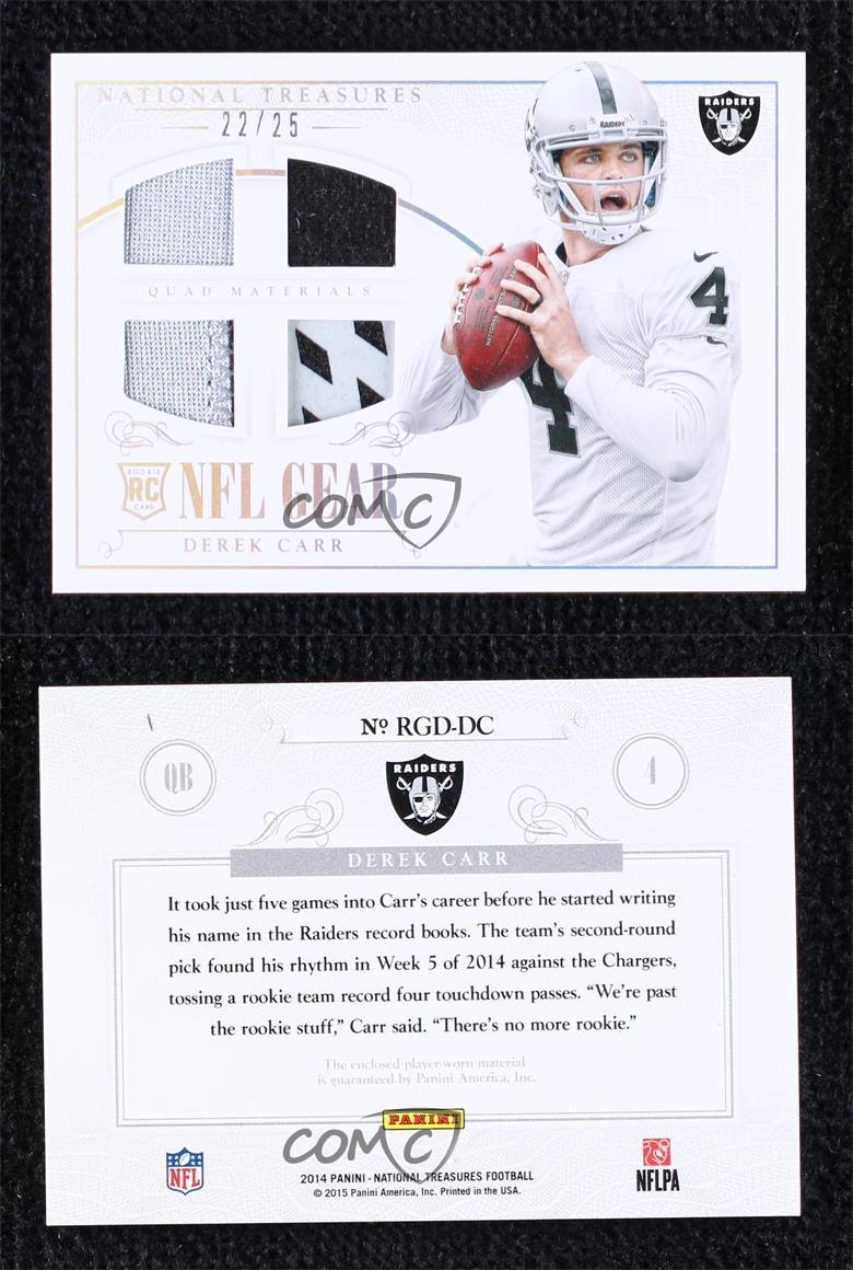National Treasures 2014 novato NFL Gear Materials Quad Prime/25 Derek Carr radiocontrol - Imagen 3 de 3