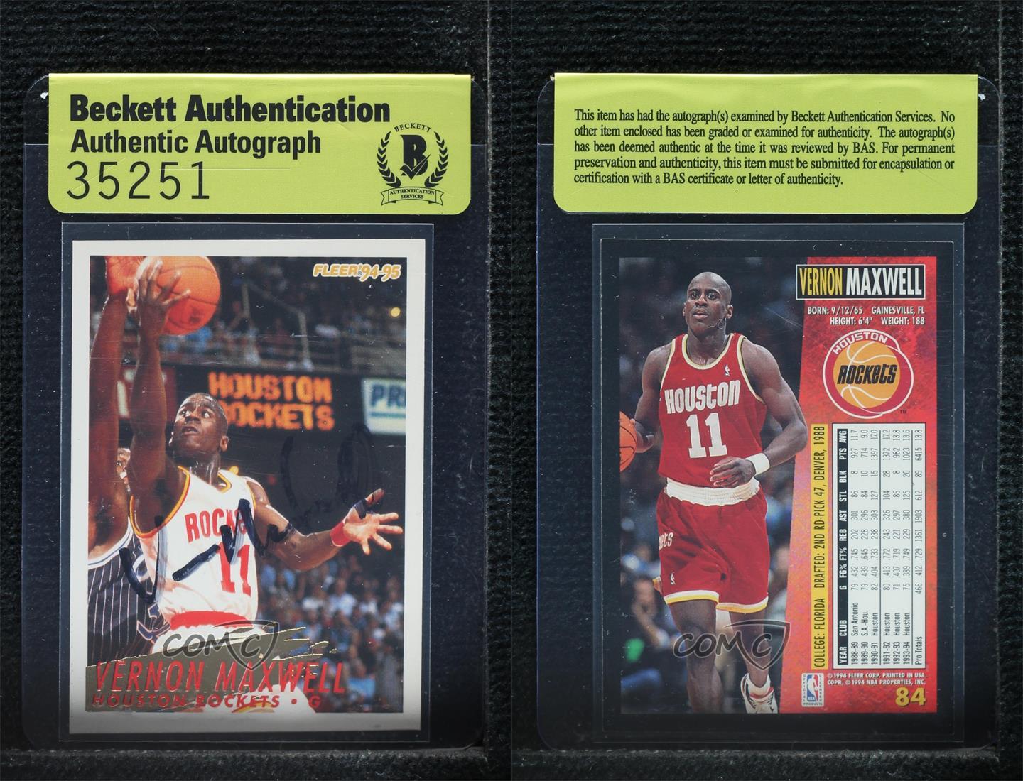 BAS 1994-95 Fleer Vernon Maxwell #84 Authentic Auto - Picture 3 of 3