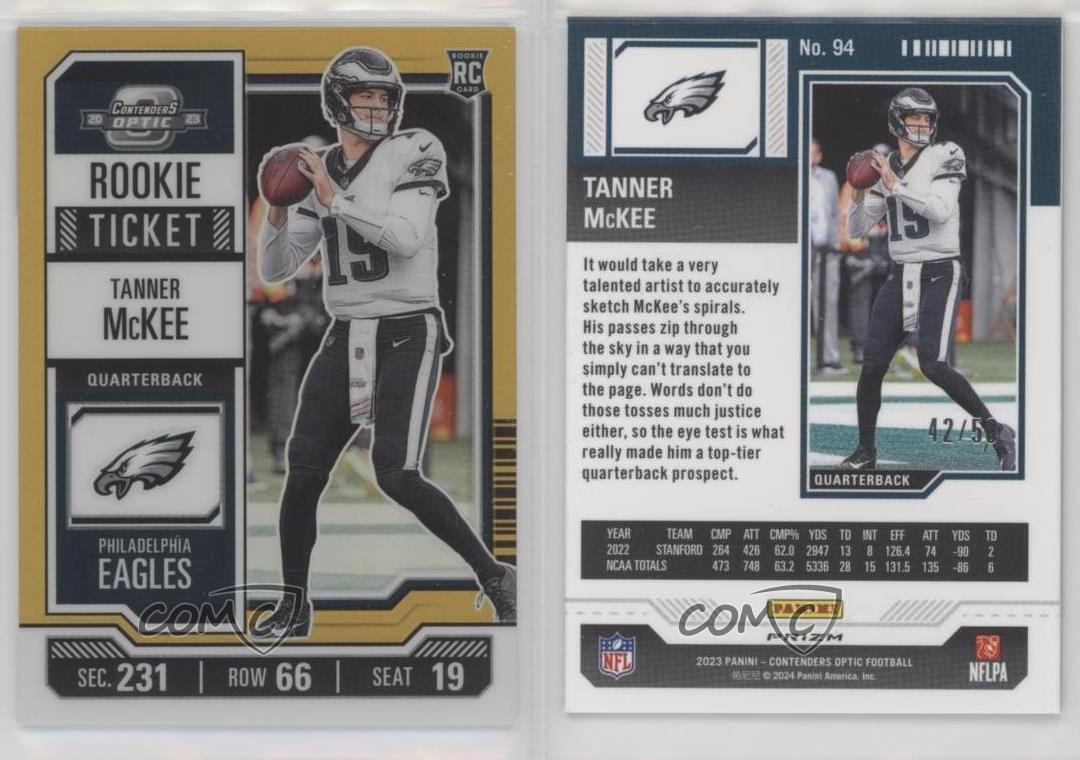 Boleto óptico Panini Contenders 2023 naranja Prizm/50 Tanner McKee #94 novato radiocontrol - Imagen 3 de 3