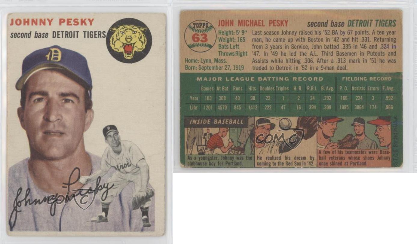 1954 Topps #63 Johnny Pesky Detroit Tigers Baseball Card